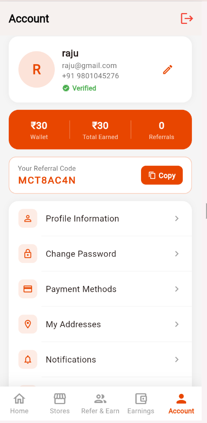 MinyCash account screen showing profile details, wallet summary and account settings