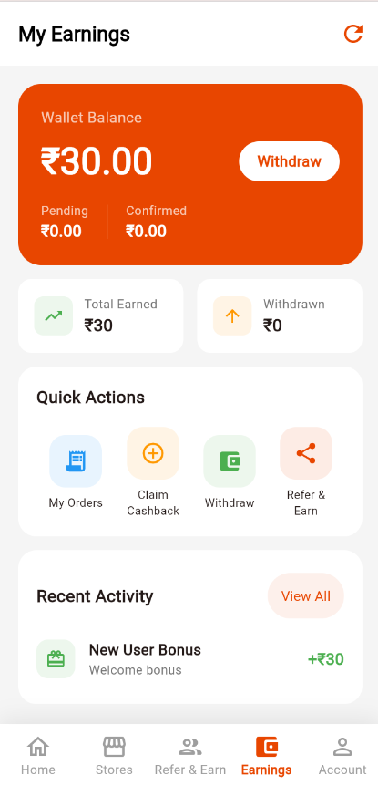 MinyCash earnings screen showing wallet balance, pending and confirmed cashback and recent activity