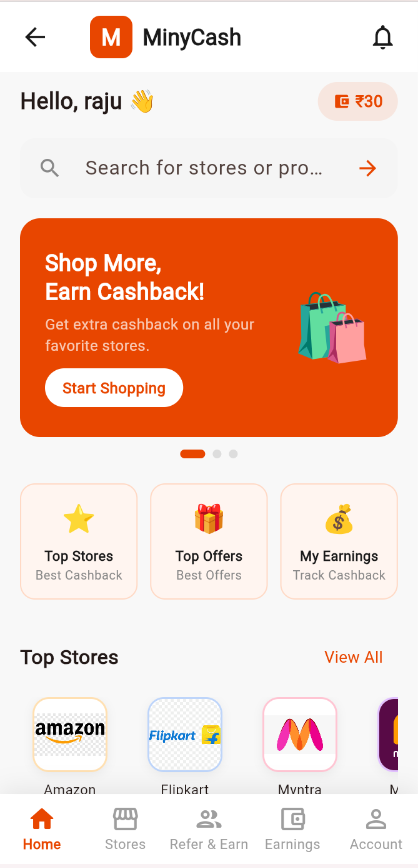 MinyCash app home screen showing the wallet balance, search bar and top stores