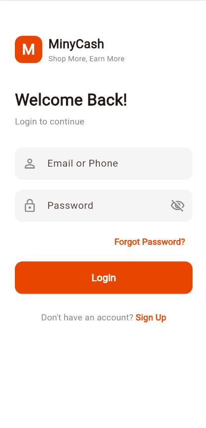 MinyCash login screen with email or phone and password fields