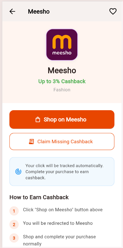 MinyCash store details screen with a Shop Now button, Claim Missing Cashback option and tracking notice