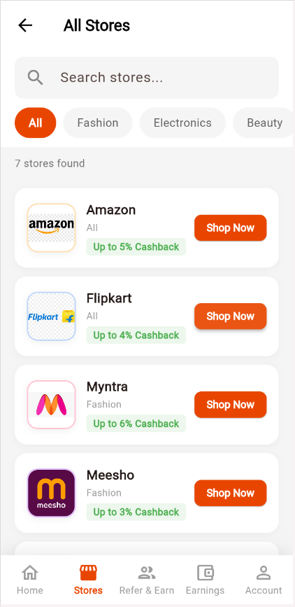 MinyCash All Stores screen with search, category filters and store cards showing cashback rates